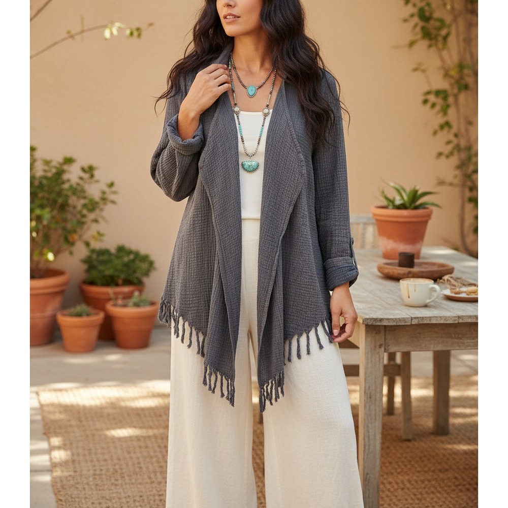 Hem Thread M Kimono Open Top Gray Fringe Boho Hippie Earthy Lagenlook Gauzy Chic